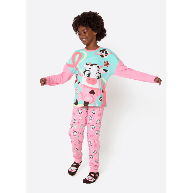 Pijama Manga Longa Viscolycra Menina Teen Vaca Chocolate 8
