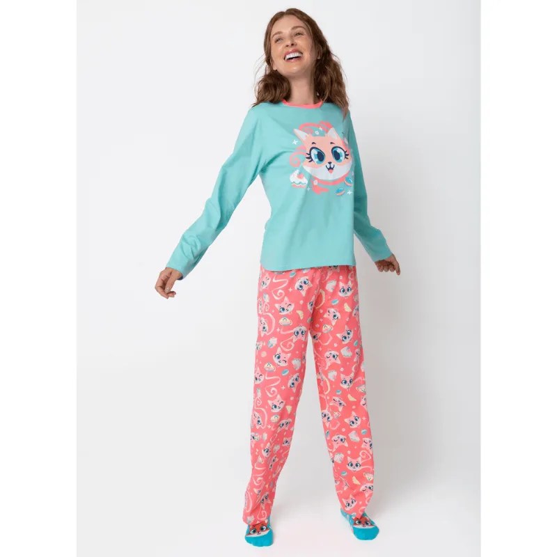 Pijama Manga Longa Algodão Feminino Raposa Confeiteira P