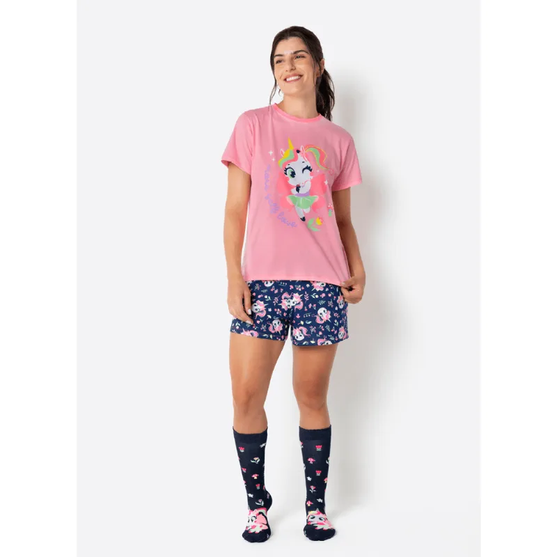 Pijama Manga Curta Algodão Feminino Unicórnio Encantado M