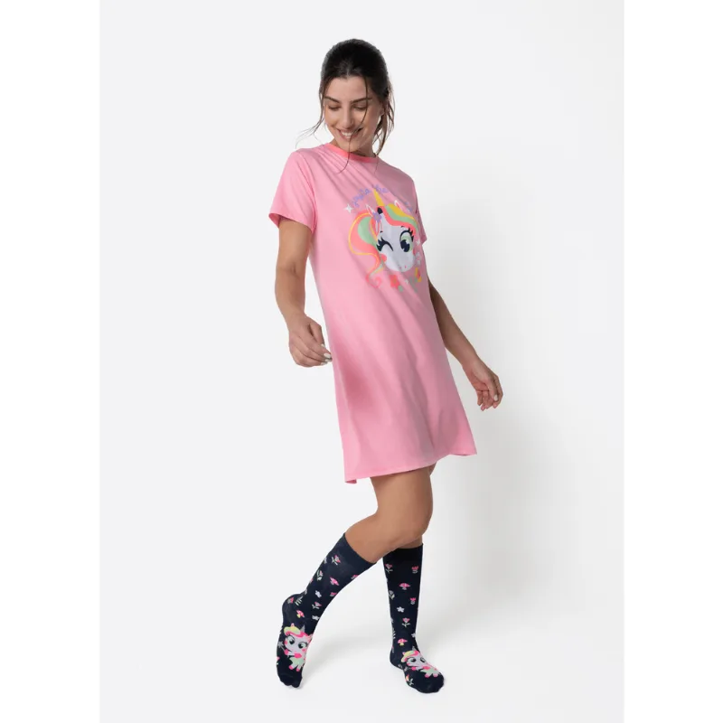 Camisola Manga Curta Algodão Feminino Unicórnio Encantado PP