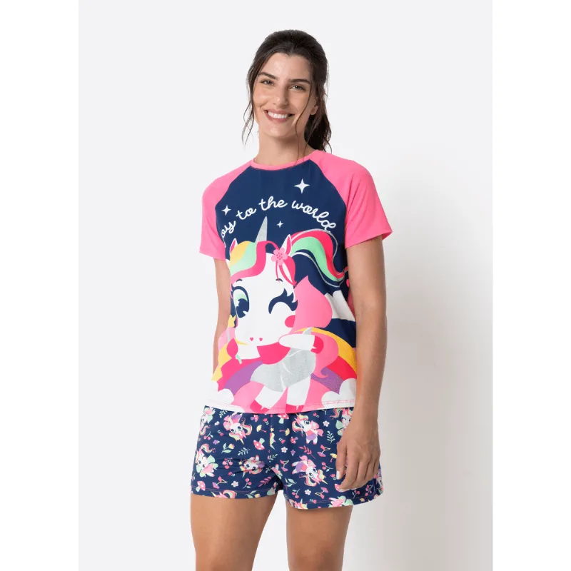 Pijama Manga Curta Feminino Unicórnio Encantado M