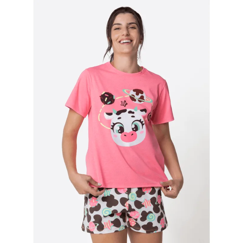 Pijama Manga Curta Algodão Feminino Vaca Chocolate P