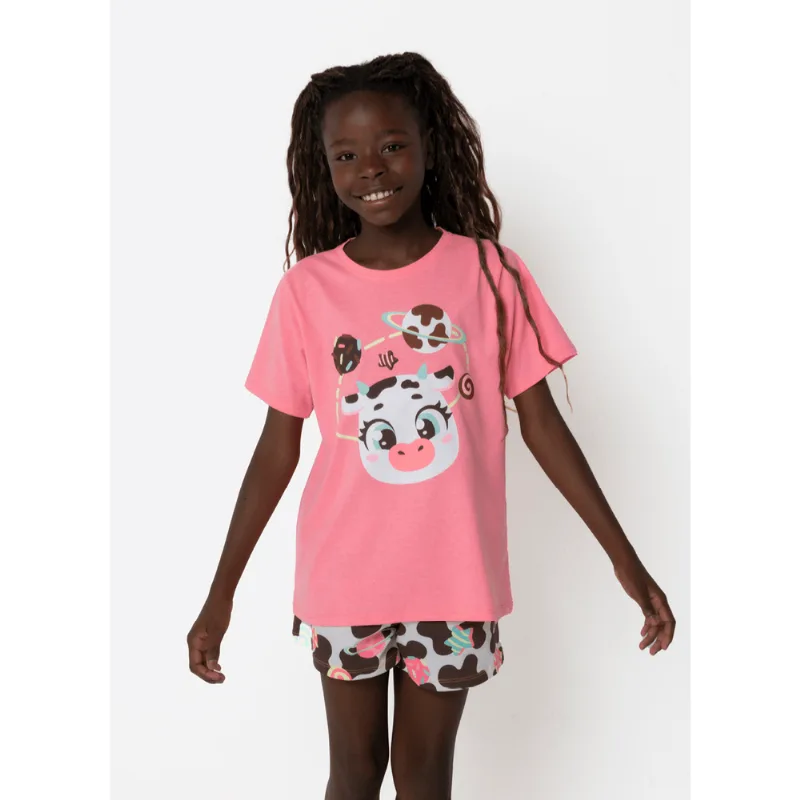 Pijama Manga Curta Algodão Menina Teen Vaca Chocolate 14