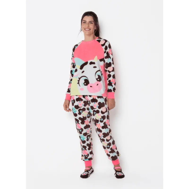 Pijama Manga Longa Soft Feminino Vaca Chocolate G