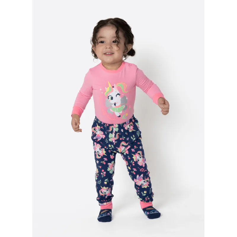 Pijama Manga Longa Viscolycra Bebê Menina Unicórnio Encantada 9 A 12 MESES