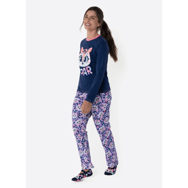 Pijama Manga Longa Algodão Feminino Onça M