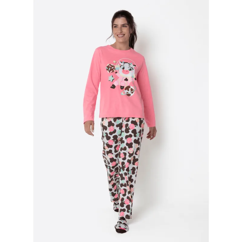 Pijama Manga Longa Algodão Feminino Vaca Chocolate PP
