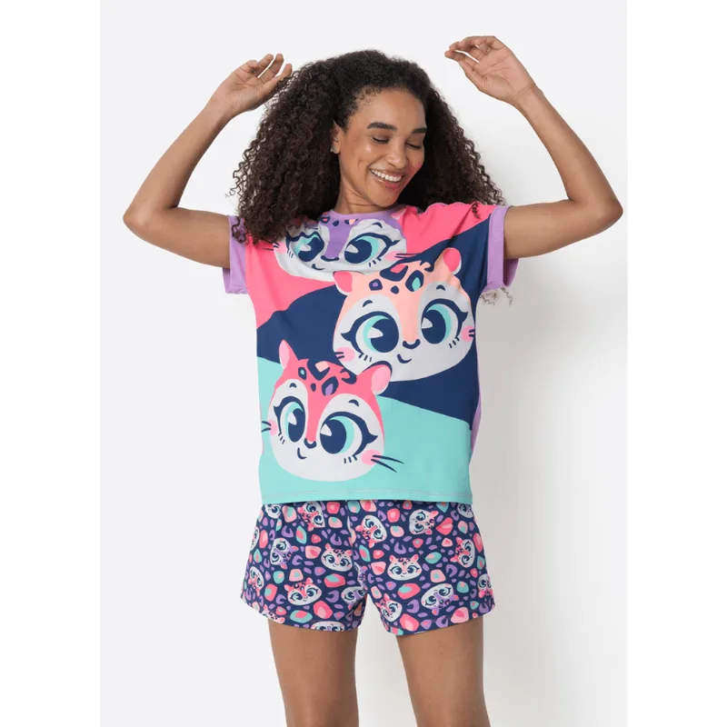 Pijama Manga Curta Feminino Onça PP