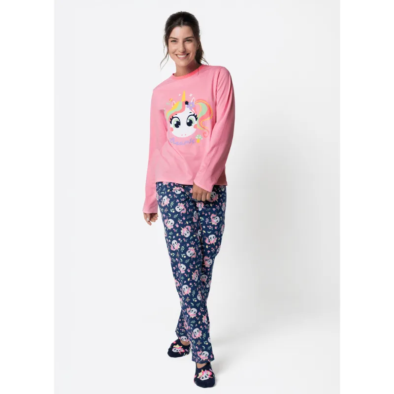 Pijama Manga Longa Algodão Feminino Unicórnio Encantado PP