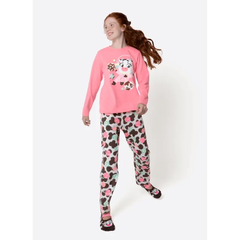 Pijama Manga Longa Algodão Menina Teen Vaca Chocolate 10