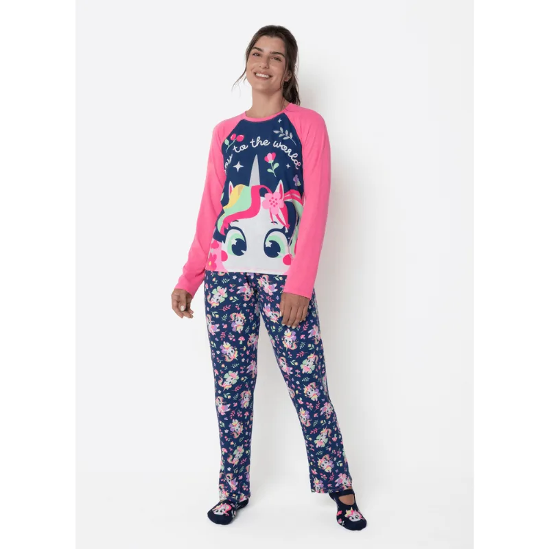 Pijama Manga Longa Feminino Unicórnio Encantado M