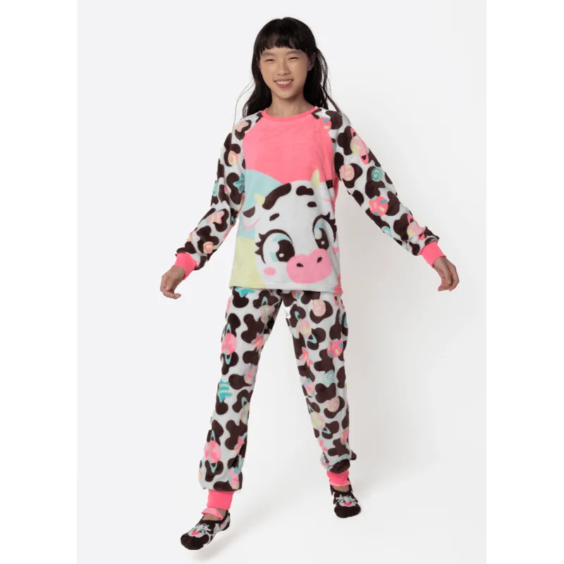 Pijama Manga Longa Soft Menina Teen Vaca Chocolate 10