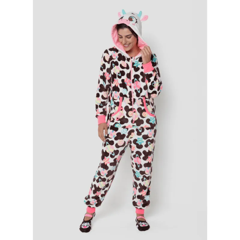 Macacão Manga Longa Soft Feminino Vaca Chocolate GG