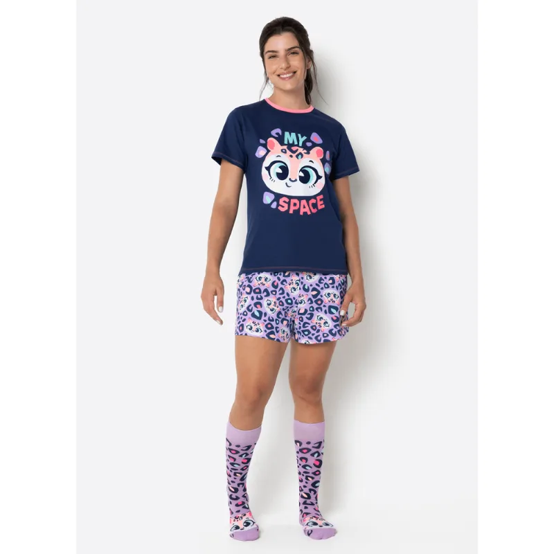 Pijama Manga Curta Algodão Feminino Onça M