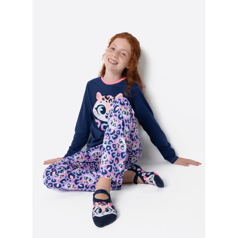 Pijama Manga Longa Algodão Menina Teen Onça 14