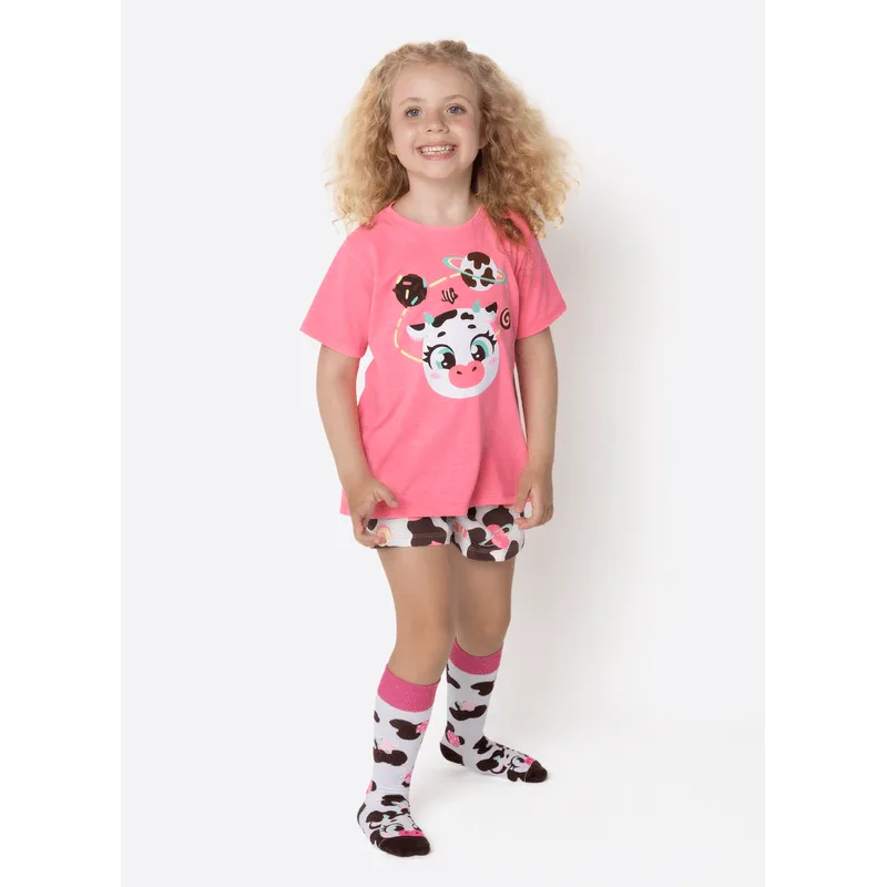 Pijama Manga Curta Algodão Menina Vaca Chocolate 2