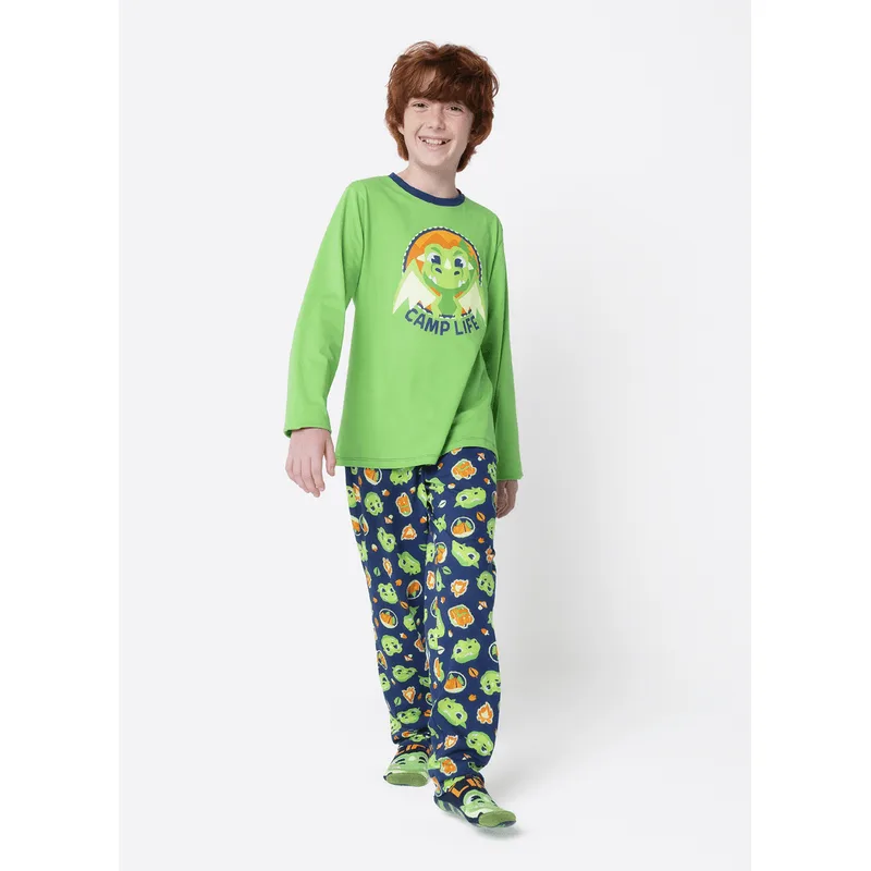 Pijama Manga Longa Algodão Menino Teen Dragão Camping 10