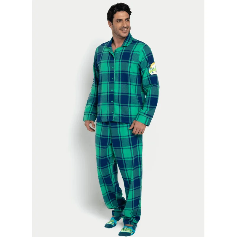 Pijama Manga Longa Flanela Masculino Dino Astronauta P