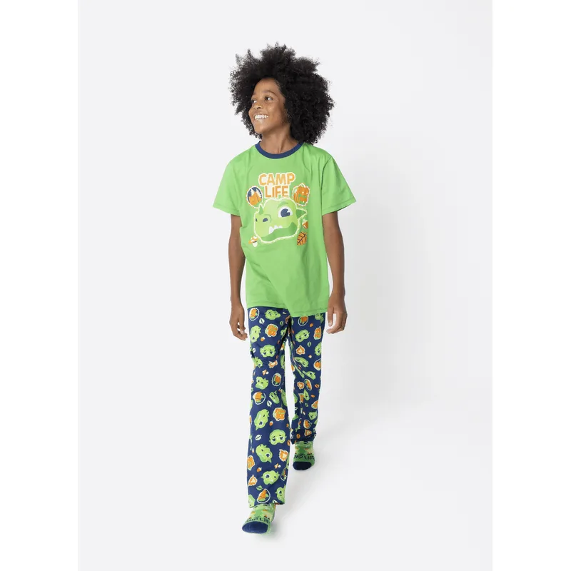 Pijama Manga Curta Algodão Menino Teen Dragão Camping 8