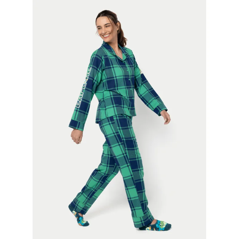 Pijama Manga Longa Flanela Feminino Dino Astronauta P