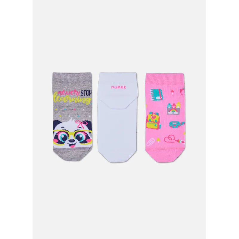 Kit com 3 Meias Cano Curto Menina Panda 28 A 33