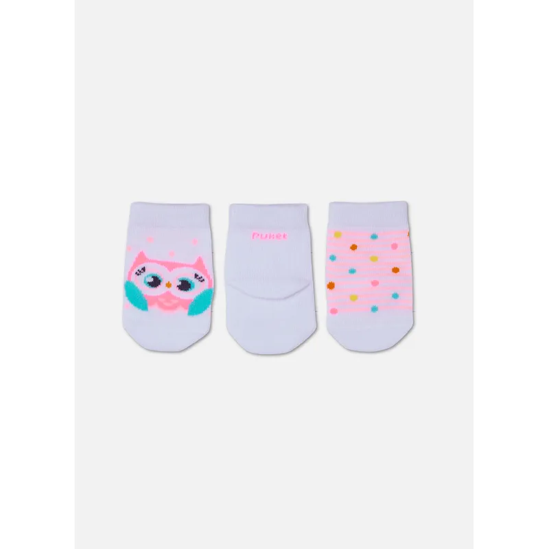 Kit com 3 Meias Cano Médio Bebê Menina Coruja 5 A 8 MESES