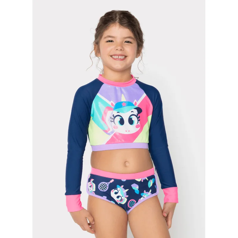 Conjunto Cropped e Calcinha com Proteção Solar Menina Unicórnio Tênis 1