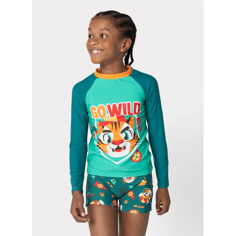 Conjunto Camiseta e Sunga com Proteção Solar Menino Tigre Camping 1