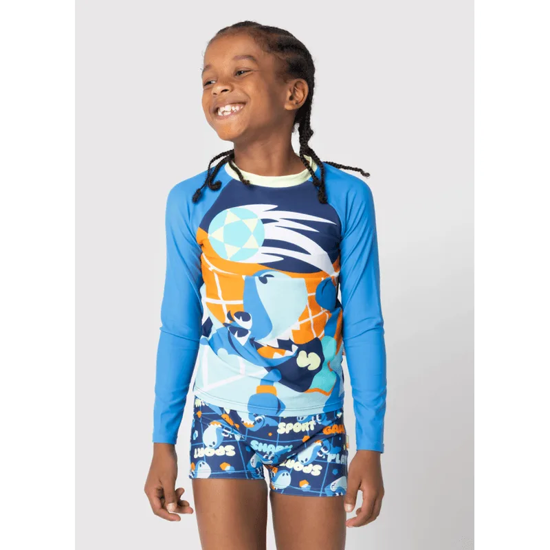Conjunto Camiseta e Sunga com Proteção Solar Menino Tubarão Futevôlei 1
