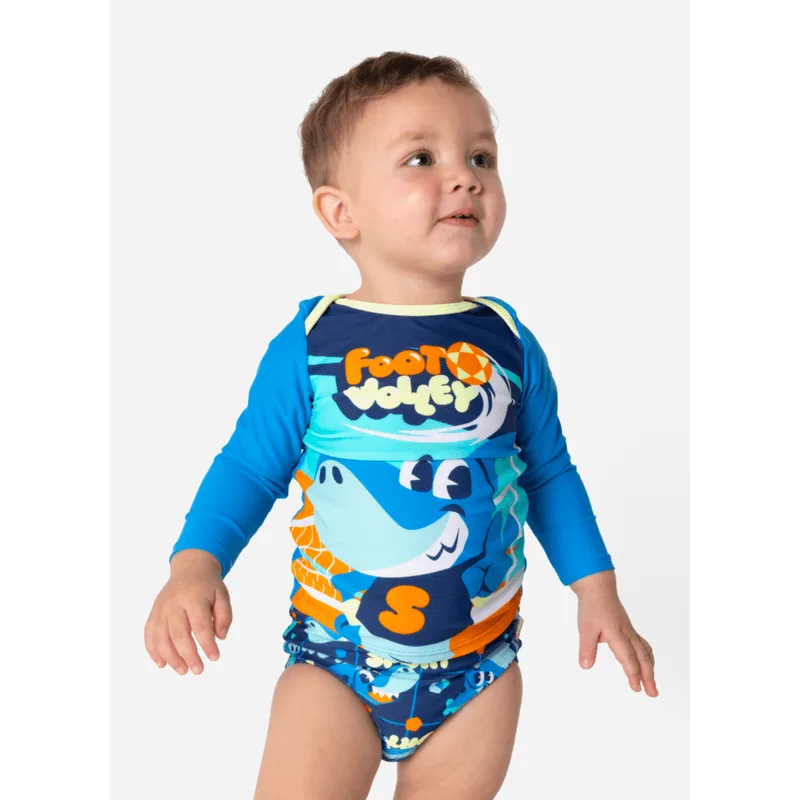 Conjunto Camiseta e Sunga com Proteção Solar Bebê Menino Tubarão Futevôlei 9 A 12 MESES