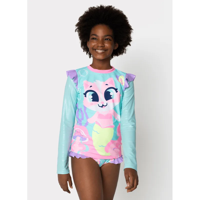 Conjunto Camiseta e Calcinha com Proteção Solar Menina Teen 10/12 anos Gata Sereia 12