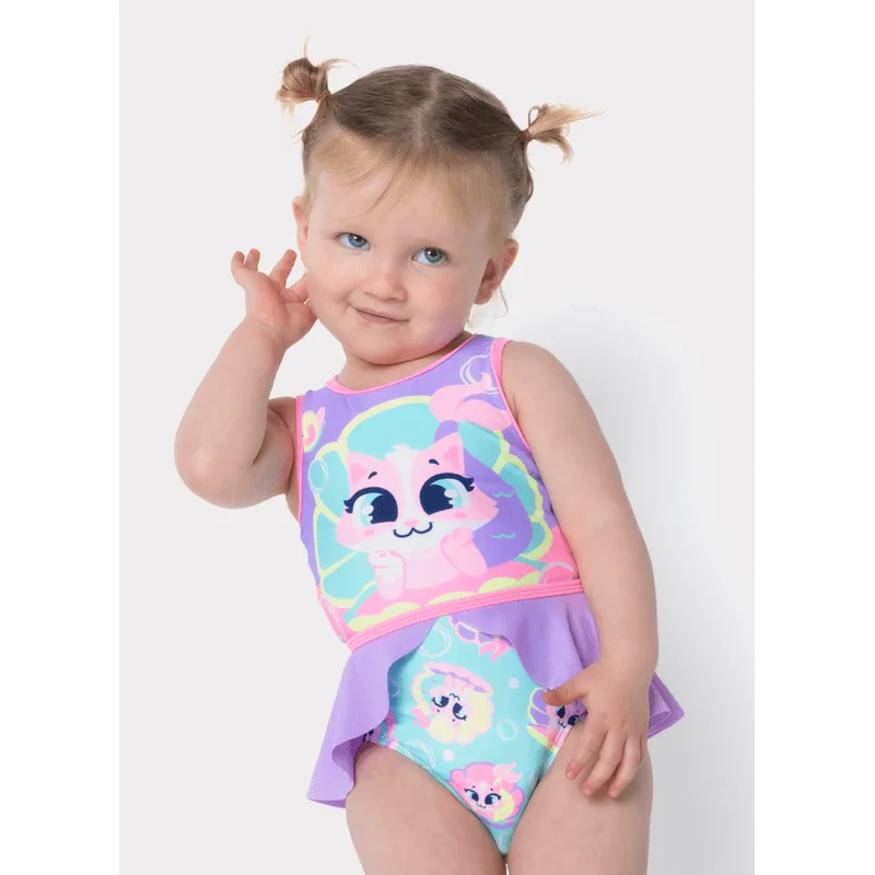 Maiô com Proteção Solar Bebê Menina Gata Sereia 6 A 9 MESES