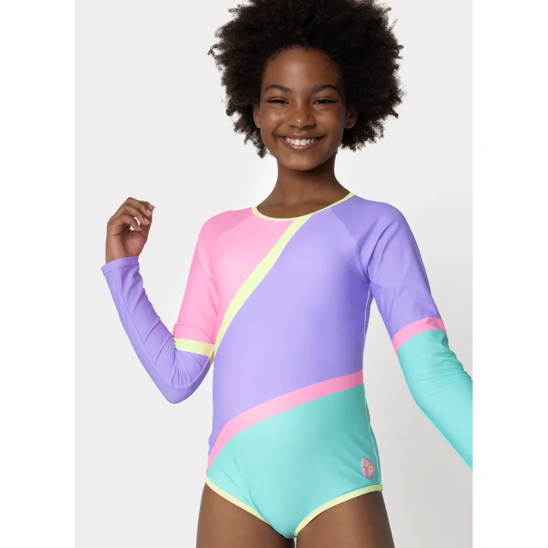 Maiô Manga Longa com Proteção Solar Menina Teen Colorfull 10
