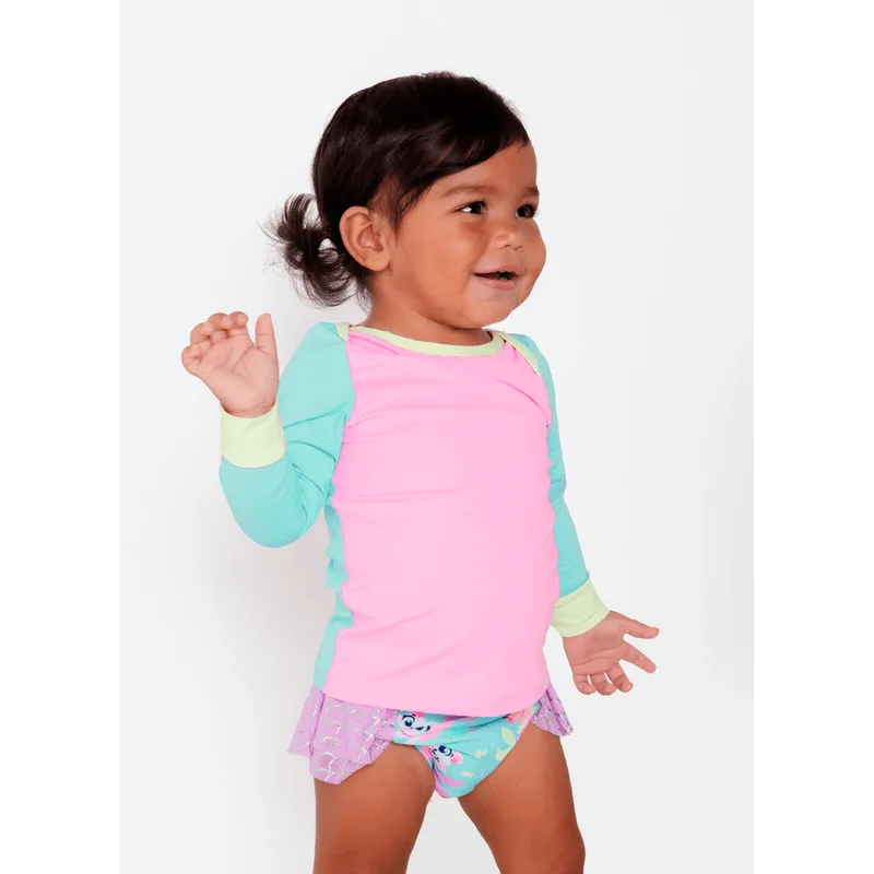 Camiseta Manga Longa com Proteção Solar Bebê Menina Color Block 9 A 12 MESES