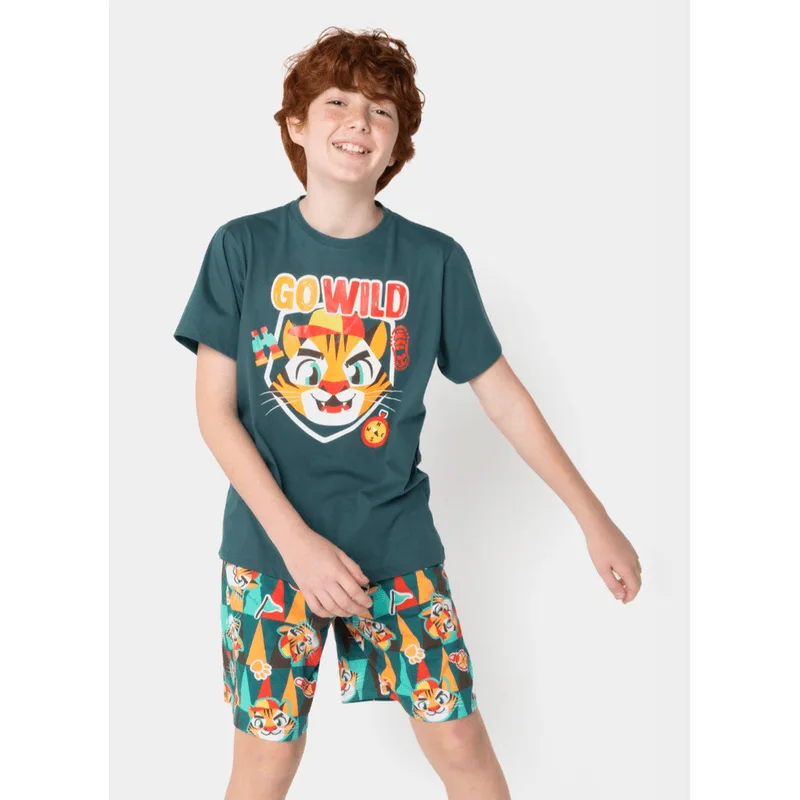 Pijama Manga Curta Algodão Menino Teen Tigre Camping 14