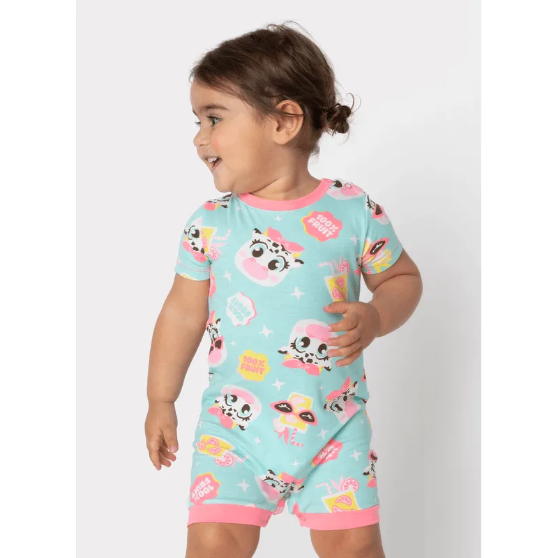 Macacão Manga Curta Viscolycra Bebê Menina Vaca Summer 9 A 12 MESES