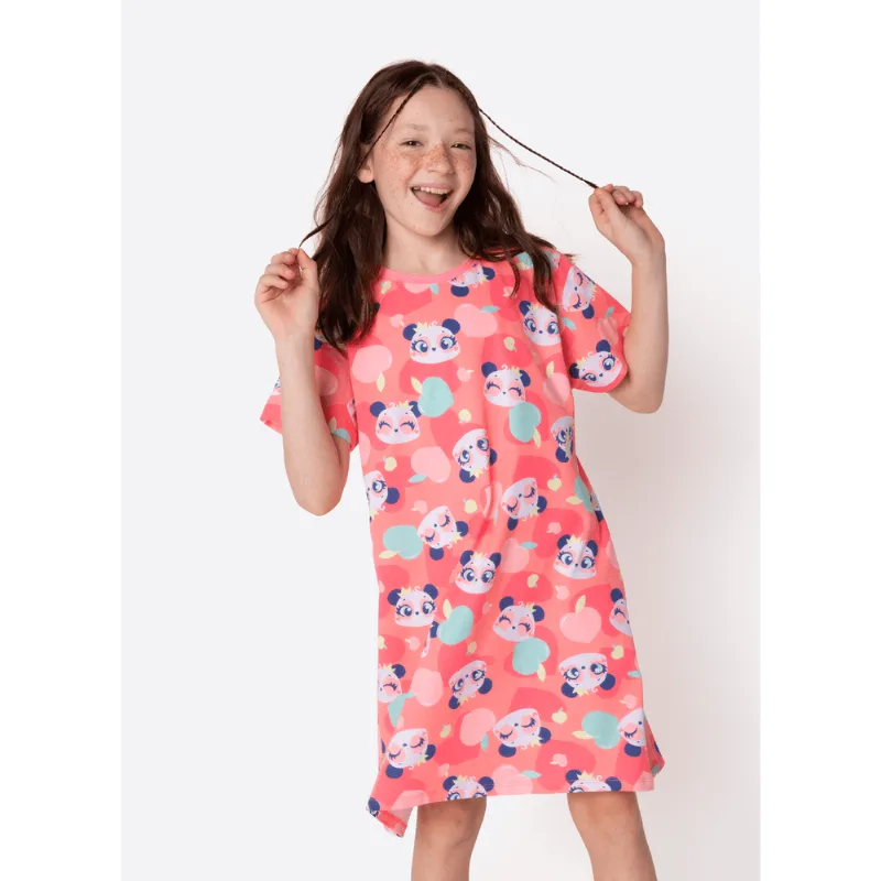 Camisola Manga Curta Algodão Menina Teen Panda Romântico 12