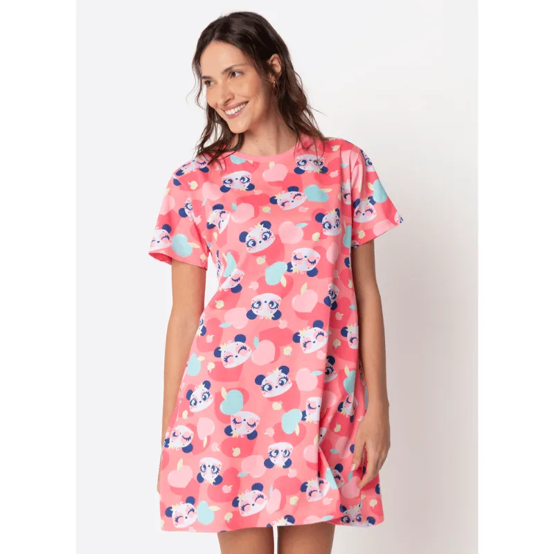 Camisola Manga Curta Algodão Feminina Panda Romântico GG