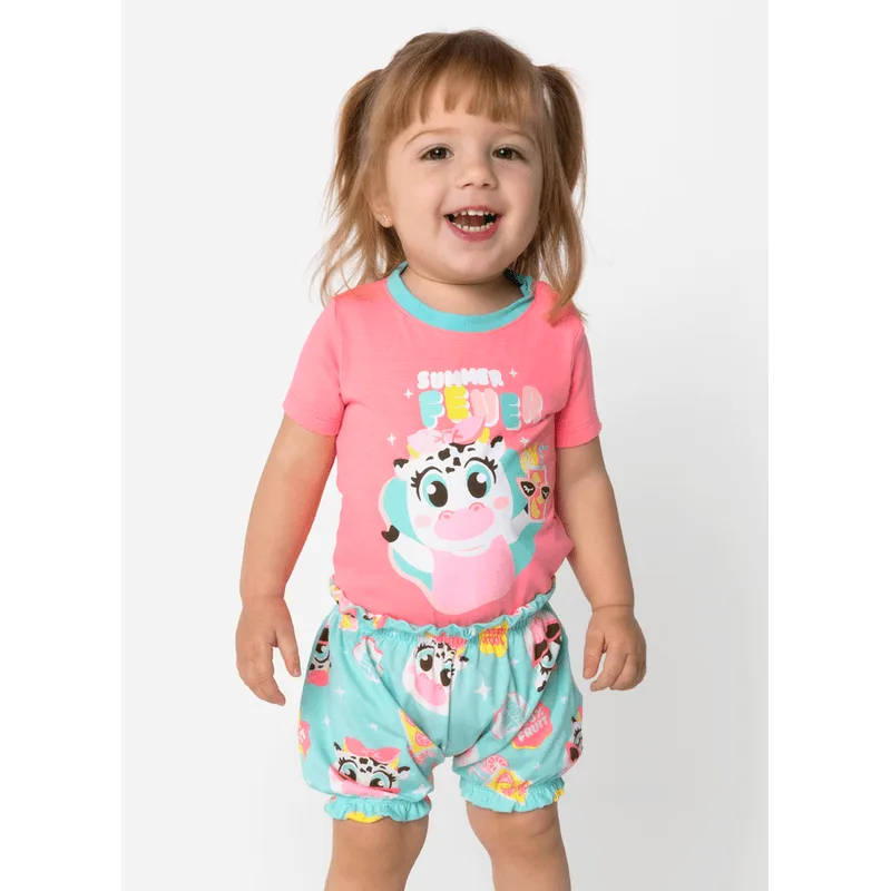 Pijama Manga Curta Viscolycra Bebê Menina Vaca Summer 3 A 6 MESES