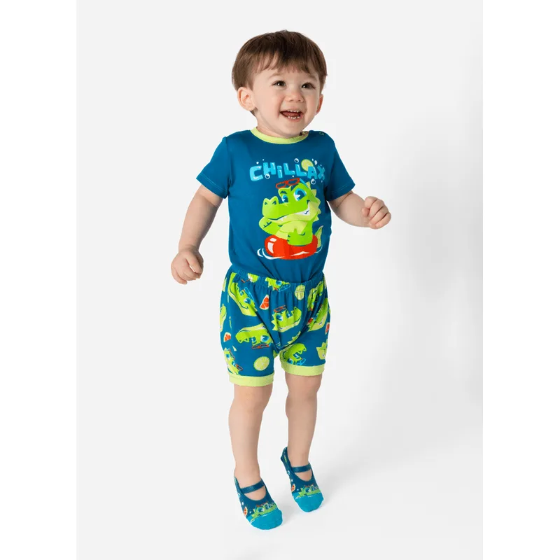 Pijama Manga Curta Viscolycra Bebê Menino Jacaré Relax 3 A 6 MESES