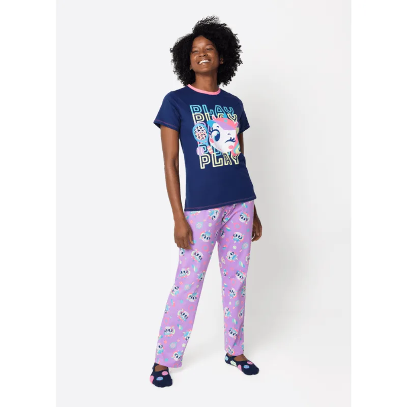 Pijama Manga Curta Algodão Feminino Unicórnio Tênis P