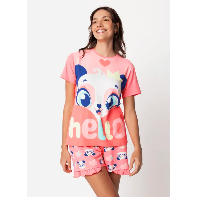 Pijama Manga Curta Viscolycra Feminino Panda Romântico PP