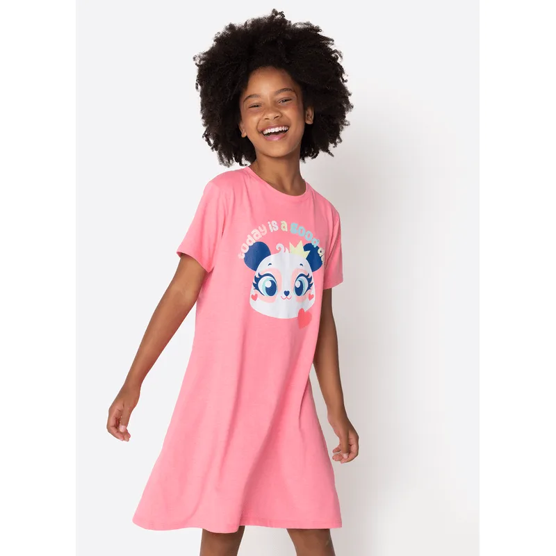 Camisola Manga Curta Algodão Menina Teen Panda Romântico 10
