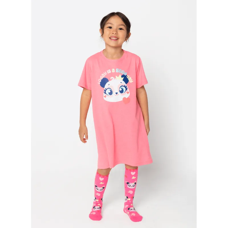 Camisola Manga Curta Algodão Menina Panda Romântico 6