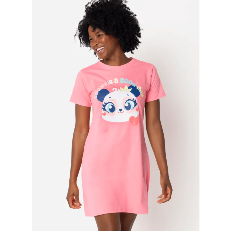 Camisola Manga Curta Algodão Feminina Panda Romântico P