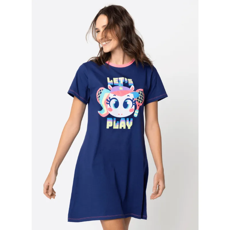 Camisola Manga Curta Algodão Feminina Unicórnio Tênis PP
