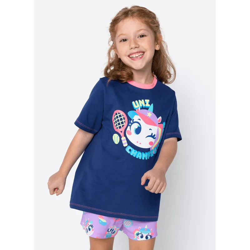 Pijama Manga Curta Algodão Menina Unicórnio Tênis 2