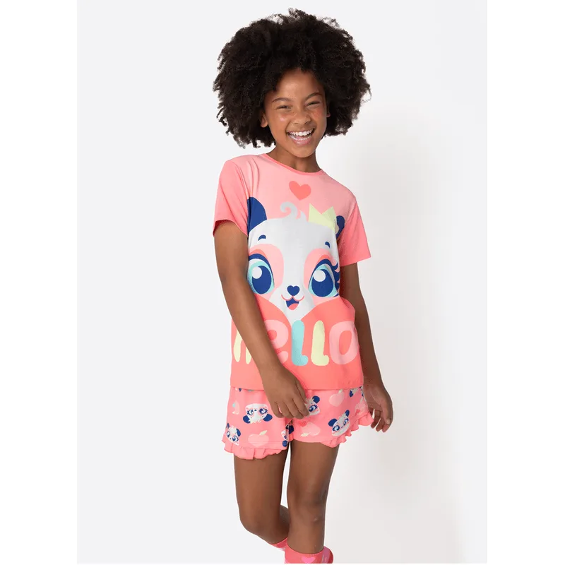 Pijama Manga Curta Viscolycra Menina Teen Panda Romântico 14