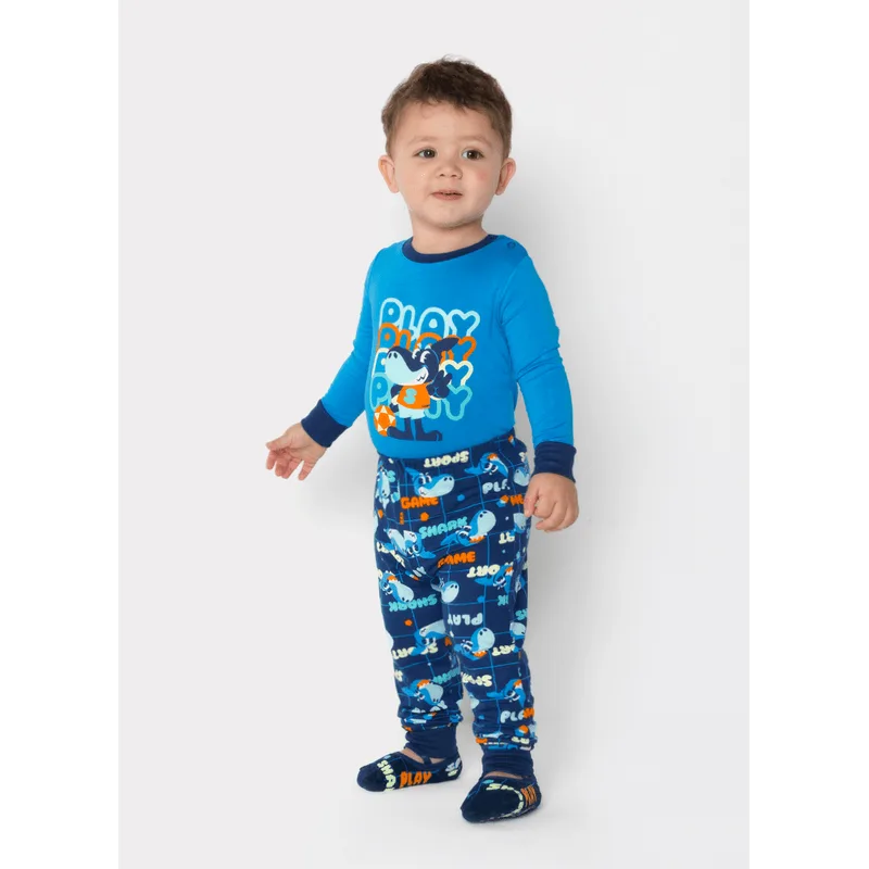 Pijama Manga Longa Viscolycra Bebê Menino Tubarão Futevôlei 6 A 9 MESES