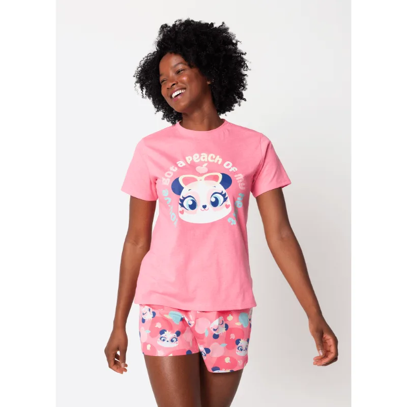 Pijama Manga Curta Algodão Feminino Panda Romântico P